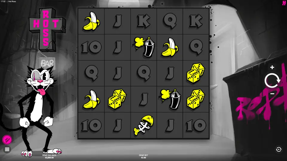 Hot Ross slot base game showing Ro$$ the cat under pink neon streetlight in urban crime setting