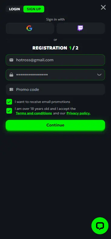 Registration form for playing Hot Ross real money